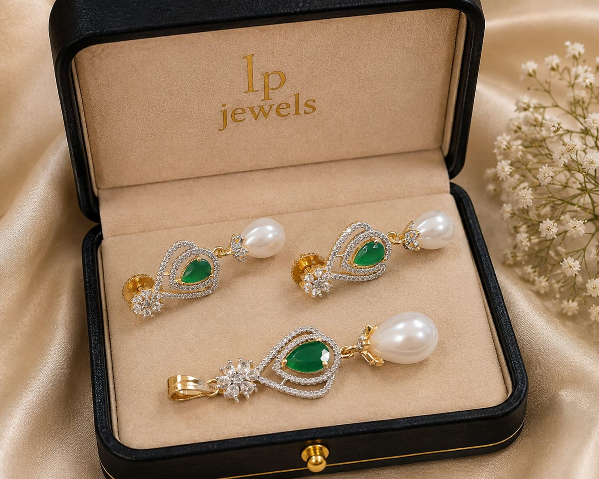 Green Emerald Necklace Set with Pearl Earrings - LP Jewels