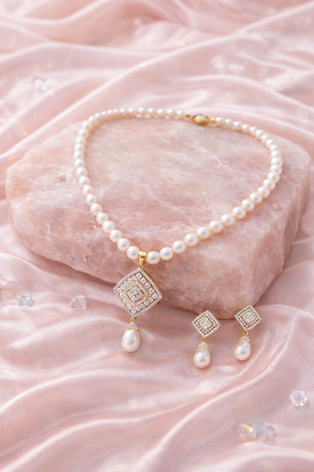 LP JEWELS: Elegant 5–6 mm Oval Freshwater Pearl Set with White Stone Pendant