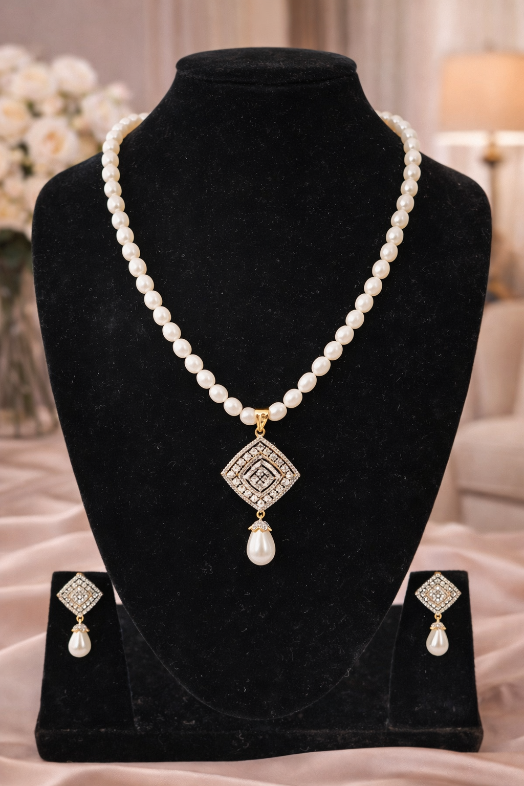 LP JEWELS: Elegant 5–6 mm Oval Freshwater Pearl Set with White Stone Pendant