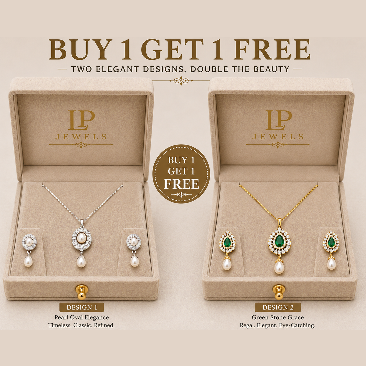 Pearl Oval & Emerald Drop Pendant Set with Earrings – B1G1 Free - LP Jewels