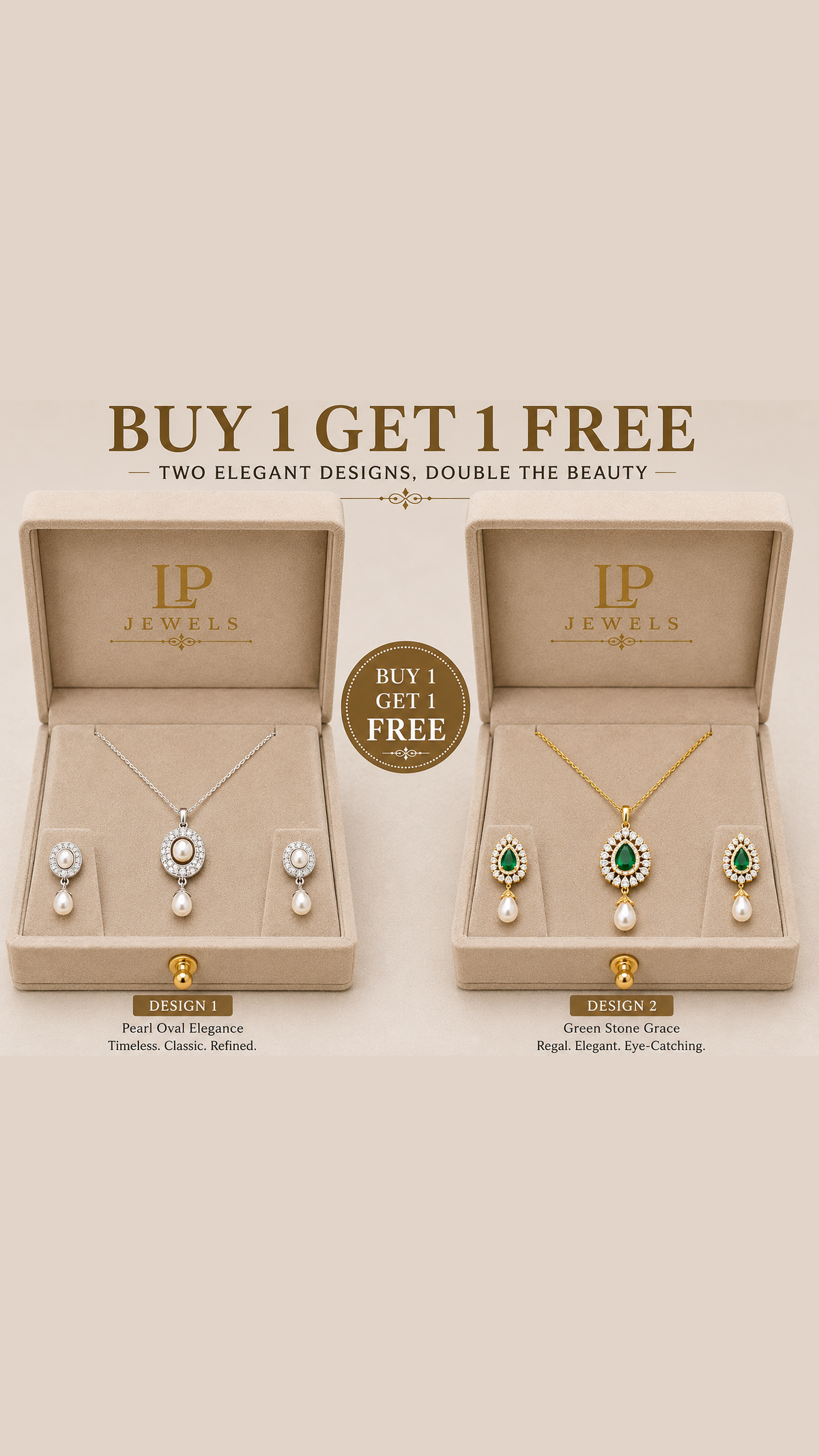 Pearl Oval & Emerald Drop Pendant Set with Earrings – B1G1 Free - LP Jewels