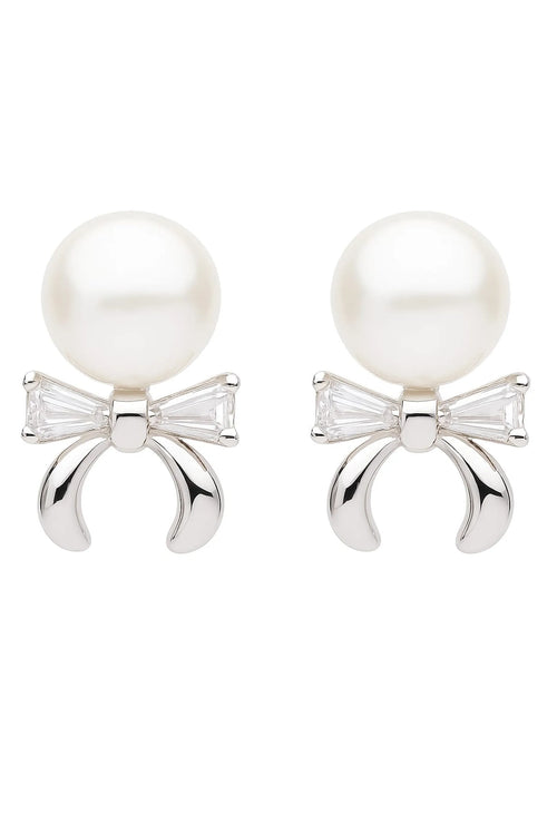 Classic Pearl Earrings with Crystal Bow Detail