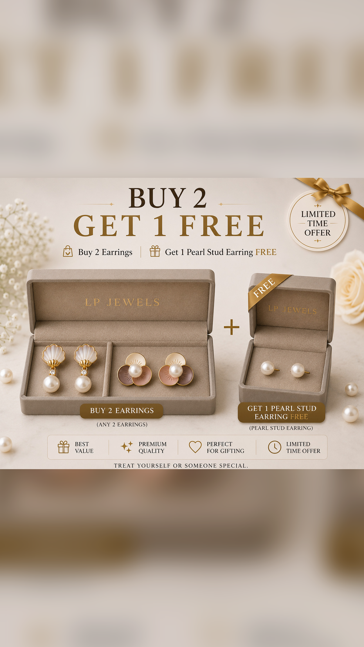 Pearl Elegance Earring Combo – Shell Drop, Studs & Floral – 3 Pair Gift Box - LP Jewels