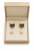 Cat Charm Pearl Drop Earrings
