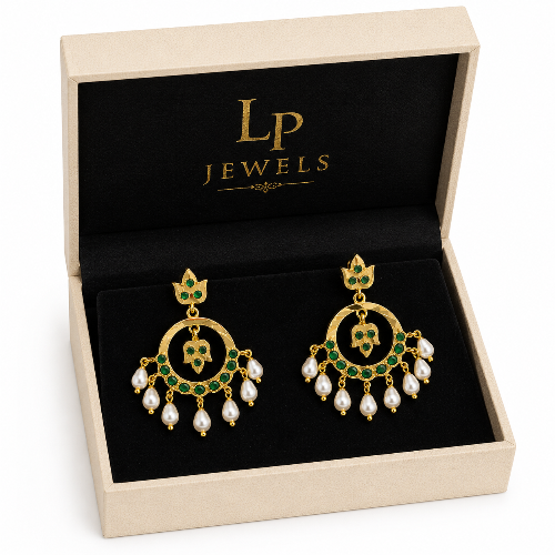 Green Kundan Pearl Chandbali Earrings