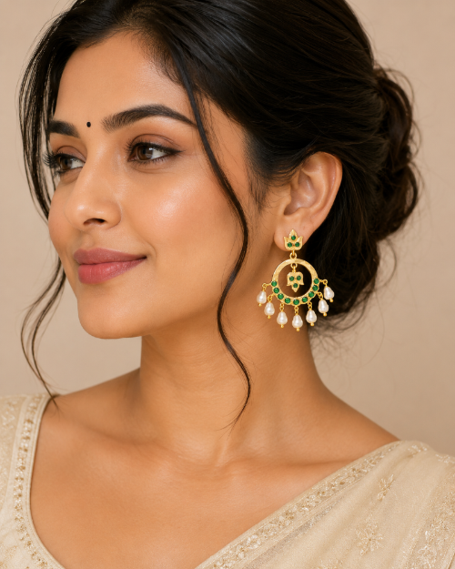 Green Kundan Pearl Chandbali Earrings