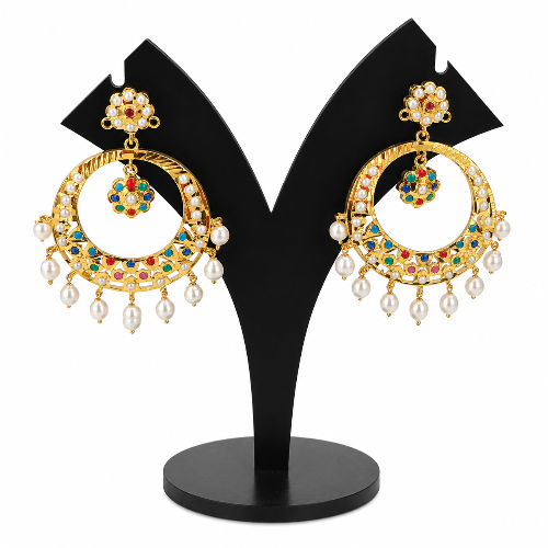 Multicolor Kundan Pearl Chandbali Earrings