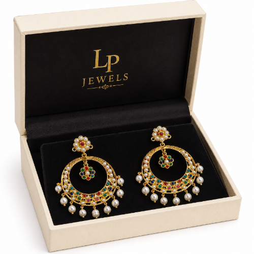 Multicolor Kundan Pearl Chandbali Earrings