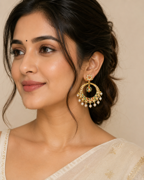 Multicolor Kundan Pearl Chandbali Earrings