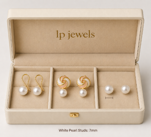 LP Jewels Pearl Earring Trio Set – Drop, Spiral & 7mm Pearl Stud Earrings Gift Box