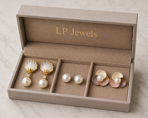 Pearl Elegance Earring Combo – Shell Drop, Studs & Floral | 3 Pair Gift Box