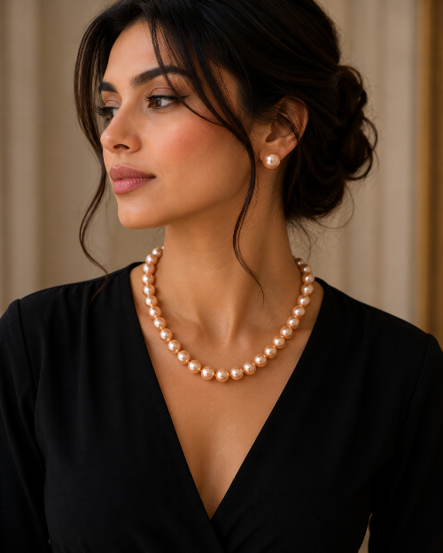 LP Jewels Peach Freshwater Pearl Necklace & Stud Earrings Set