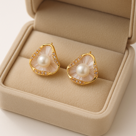 LP JEWELS Elegant Gold-Plated Pearl & Crystal Stud Earrings