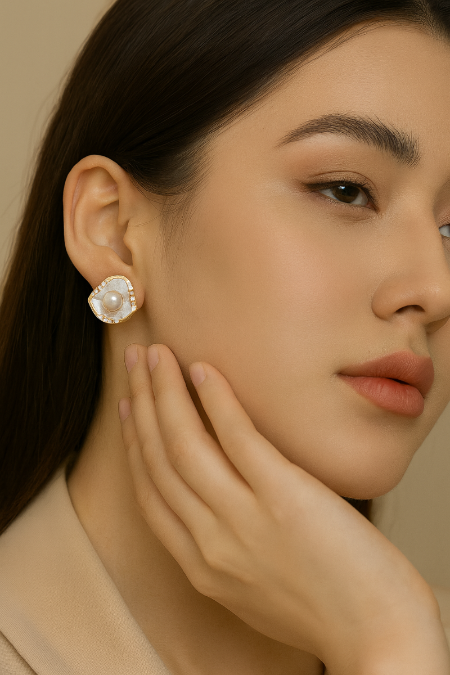 LP JEWELS Elegant Gold-Plated Pearl & Crystal Stud Earrings