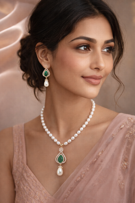 LP JEWELS-Elegant Freshwater Pearl Necklace Set with Green Stone Pendant