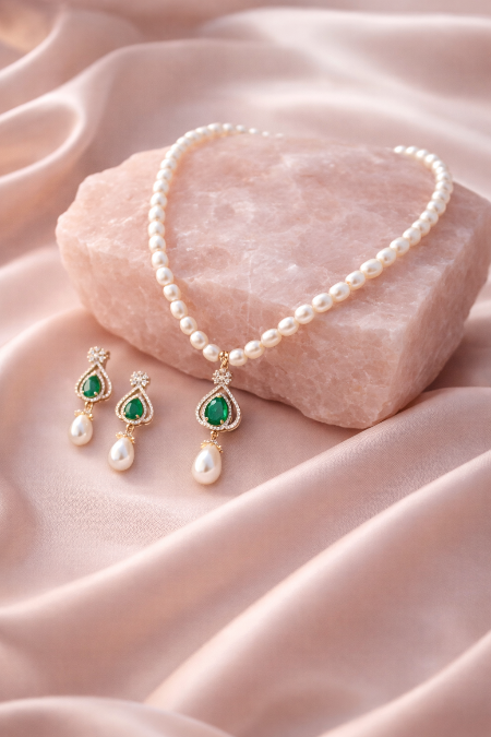 LP JEWELS-Elegant Freshwater Pearl Necklace Set with Green Stone Pendant