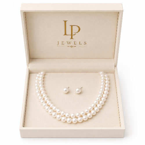 LP JEWELS 8mm Double Layered White Pearl Necklace for Women | Classic Round Pearl Necklace