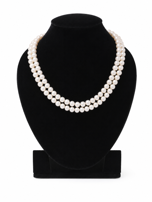 LP JEWELS 8mm Double Layered White Pearl Necklace for Women | Classic Round Pearl Necklace