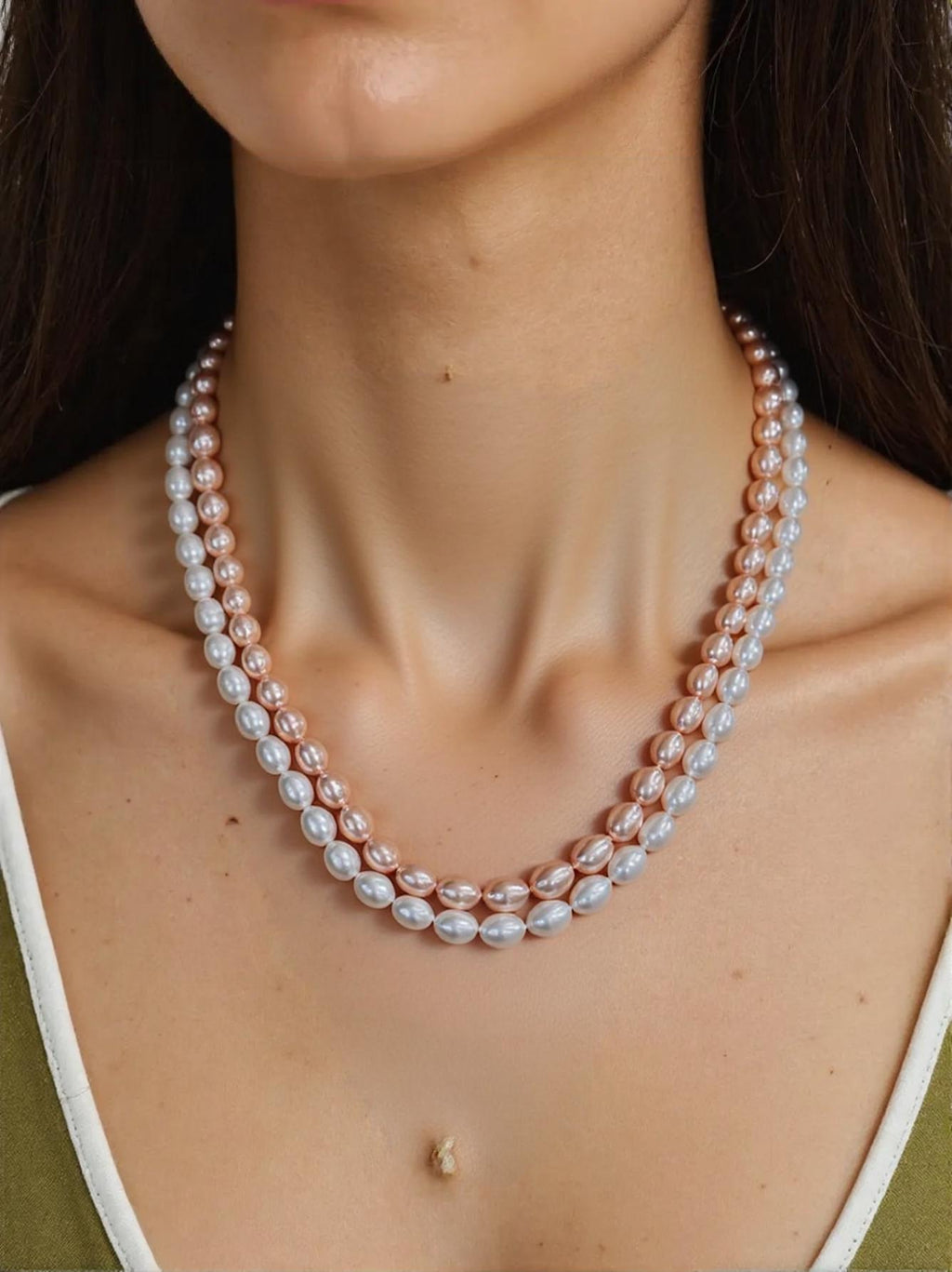 Double Layer Pink & White Pearl Choker Necklace