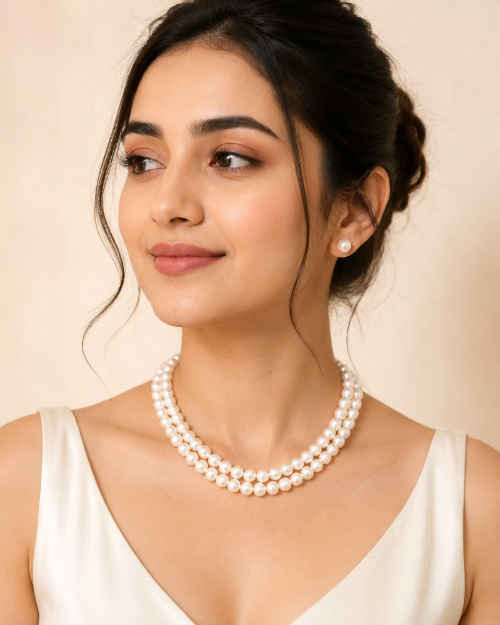LP JEWELS 8mm Double Layered White Pearl Necklace for Women | Classic Round Pearl Necklace