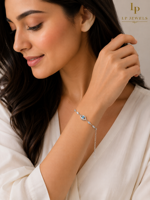 925 Sterling Silver Evil Eye Charm Station Bracelet for Women | Adjustable Nazar Bracelet | LP Jewels