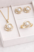 Elegant Floral Pearl Necklace, Earrings & Ring Combo Set | LP Jewels