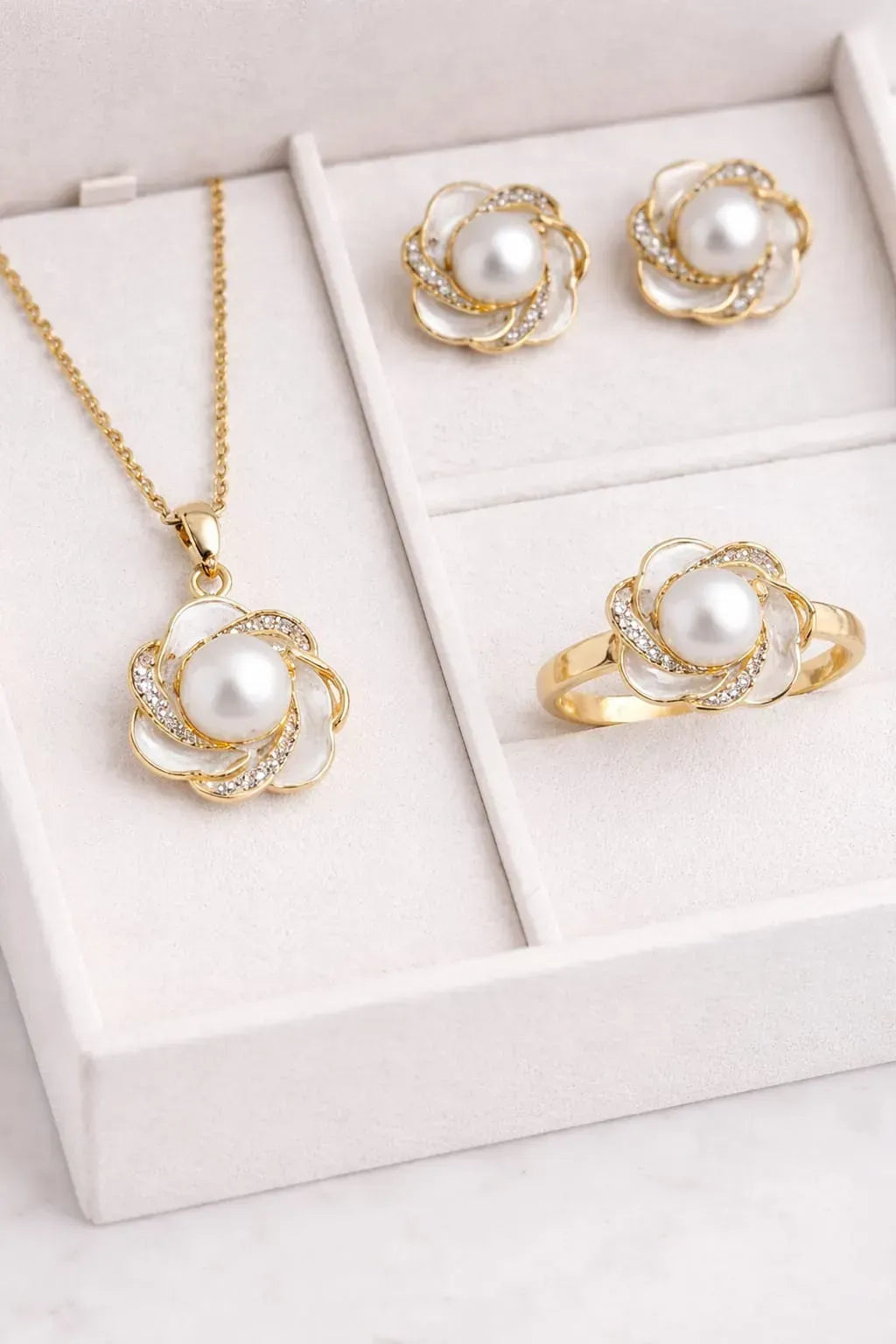 Elegant Floral Pearl Necklace, Earrings & Ring Combo Set | LP Jewels