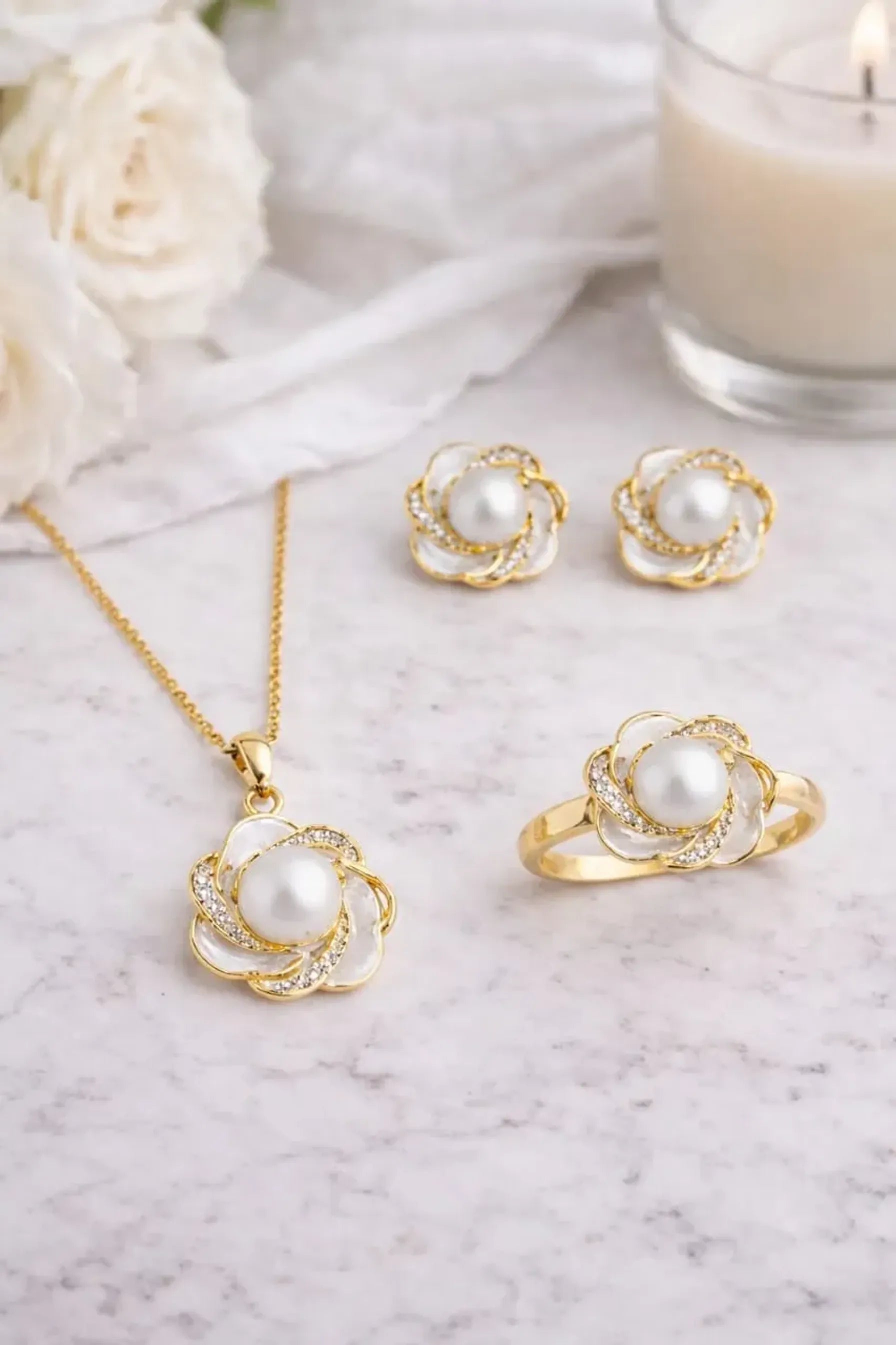 Elegant Floral Pearl Necklace, Earrings & Ring Combo Set | LP Jewels