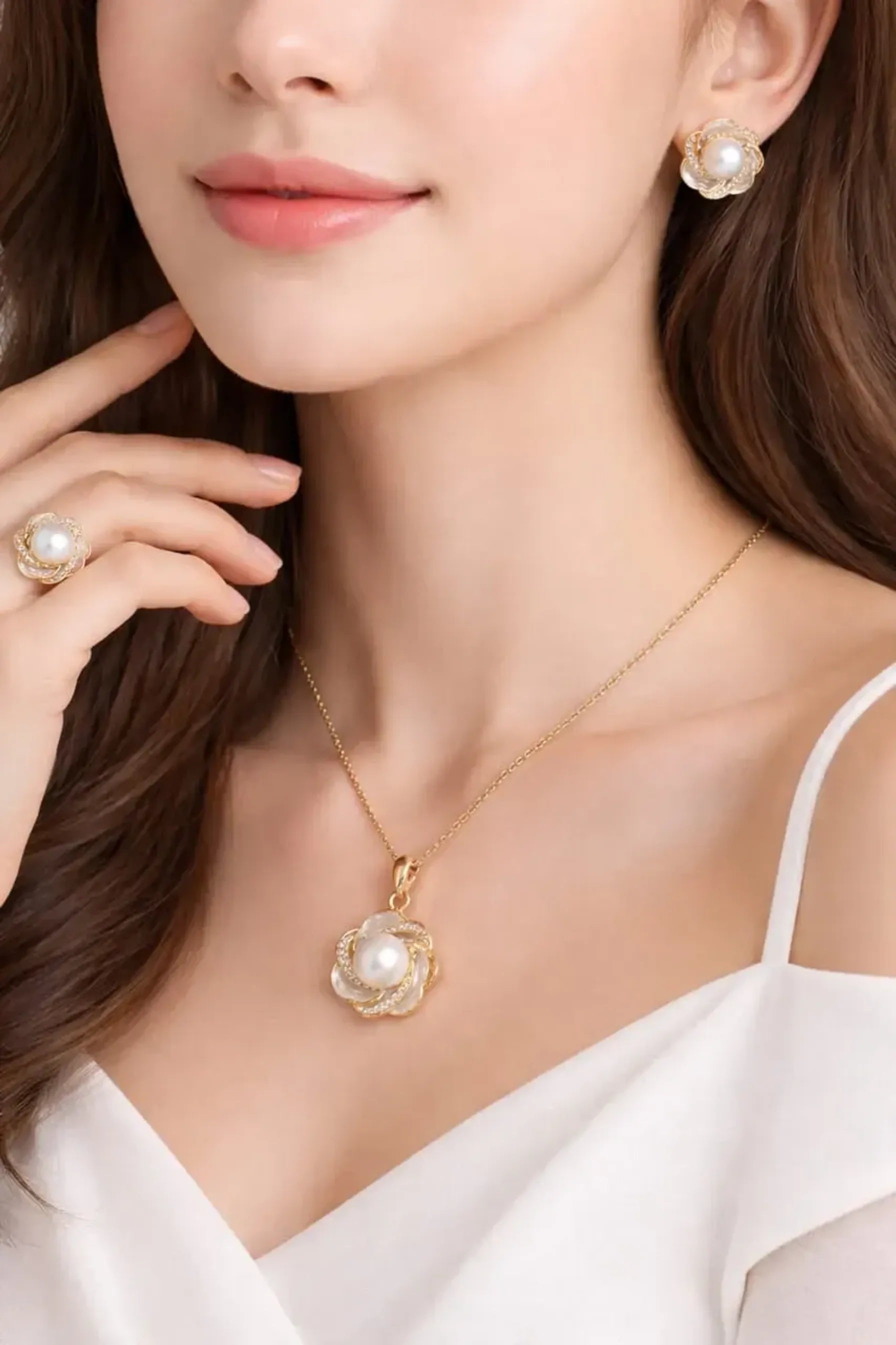 Elegant Floral Pearl Necklace, Earrings & Ring Combo Set | LP Jewels
