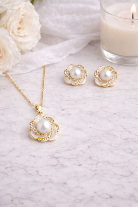 Floral Pearl Pendant & Earrings Set – Natural Freshwater Pearls