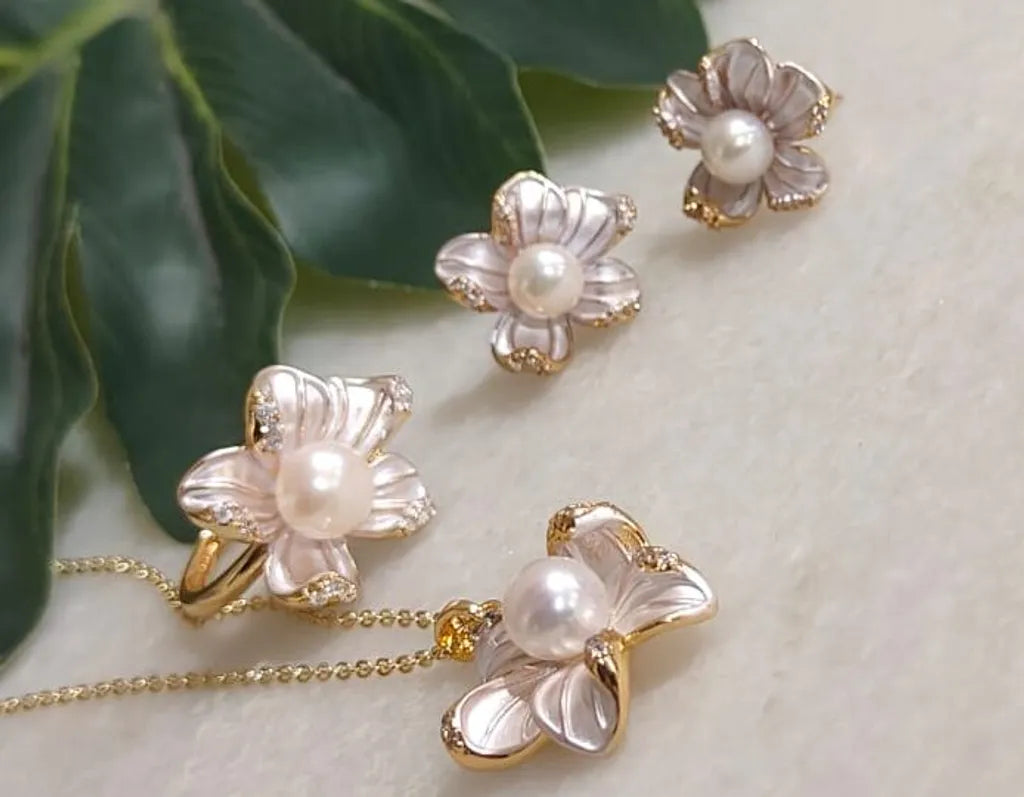 Floral Pearl Jewelry Combo Set with Gold and Silver Finish