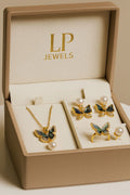 Blue Butterfly Pearl Jewelry Set – Necklace, Earrings & Ring Combo
