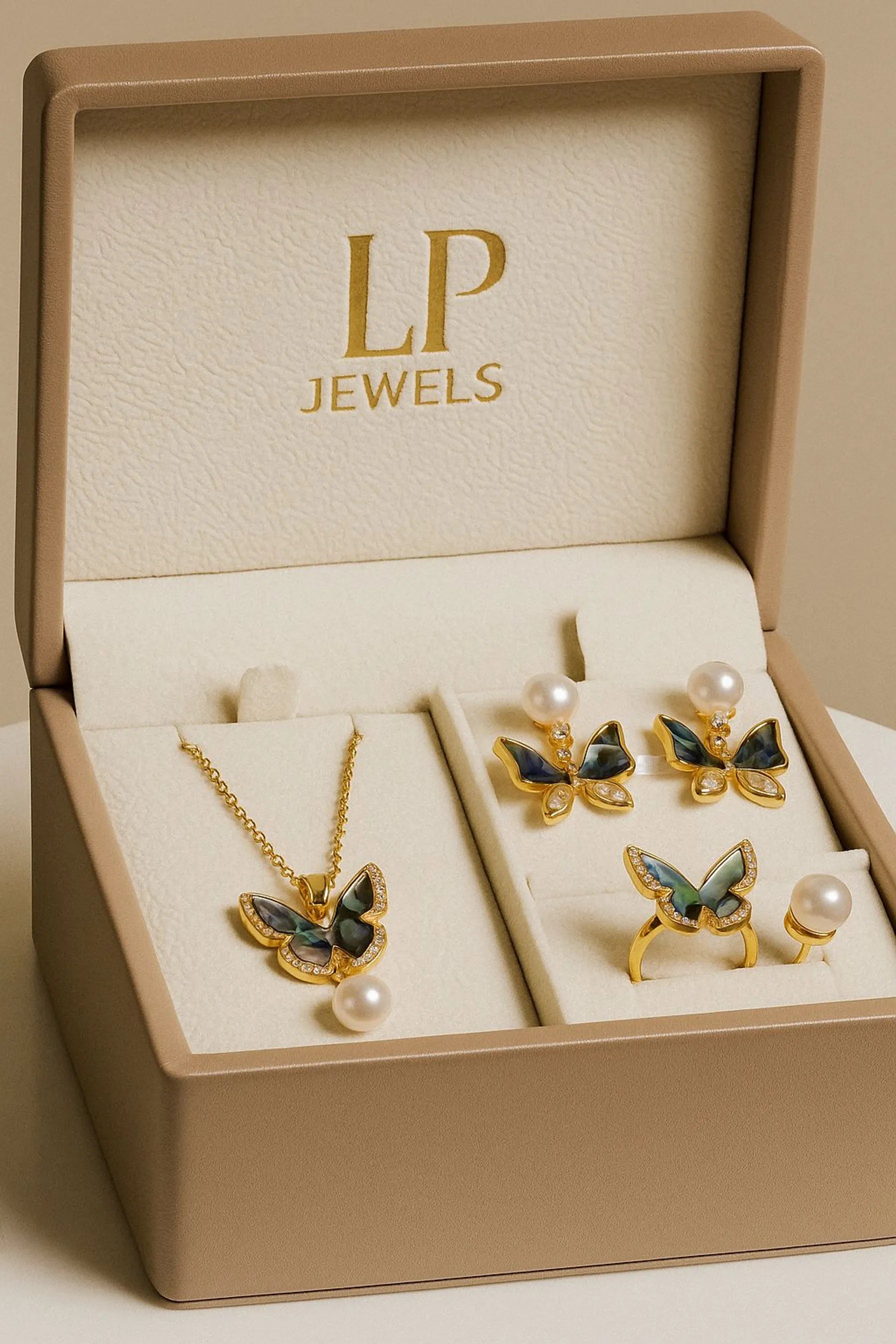 Blue Butterfly Pearl Jewelry Set – Necklace, Earrings & Ring Combo