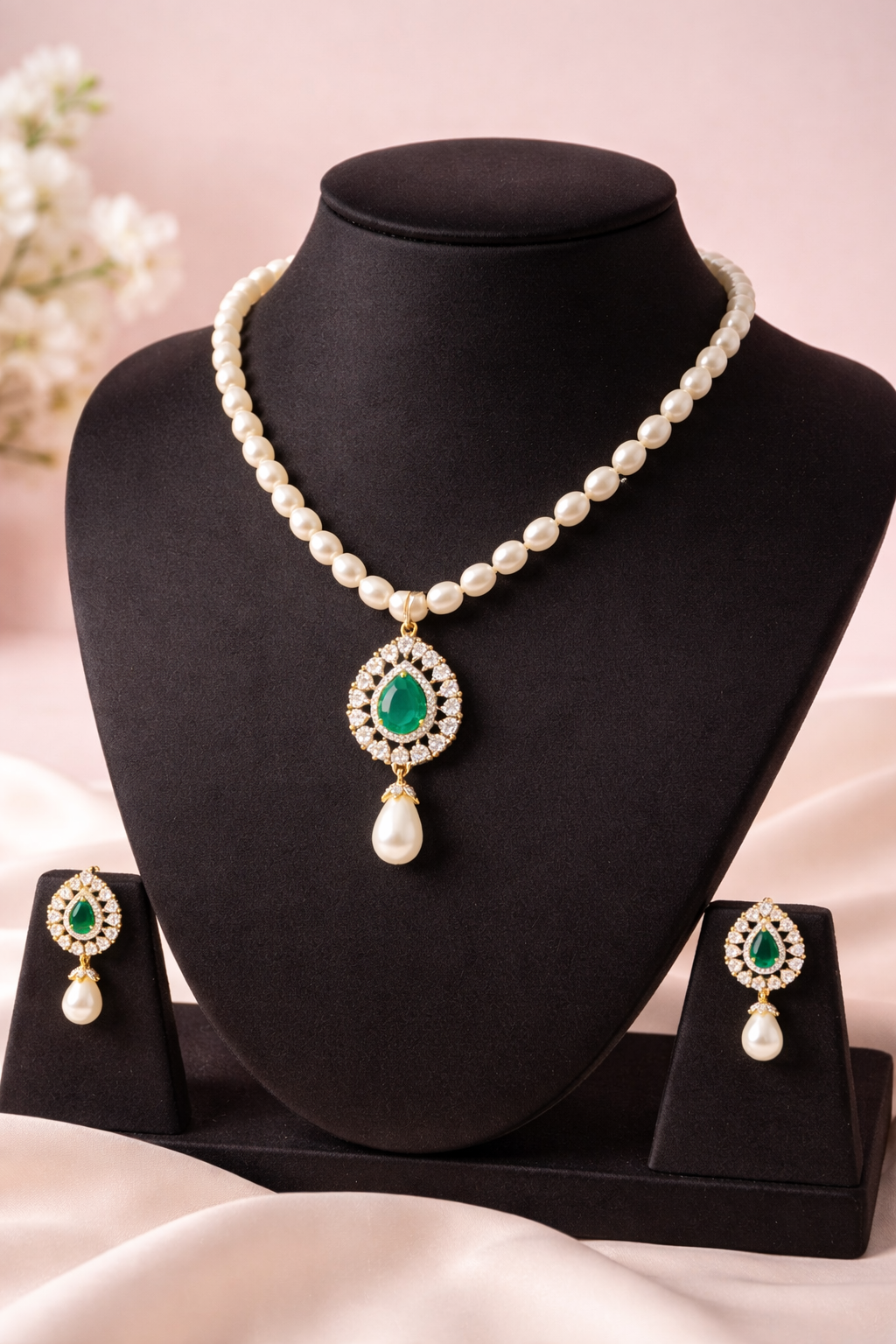 LP JEWELS-Freshwater Pearl Necklace Set with Green Teardrop Pendant