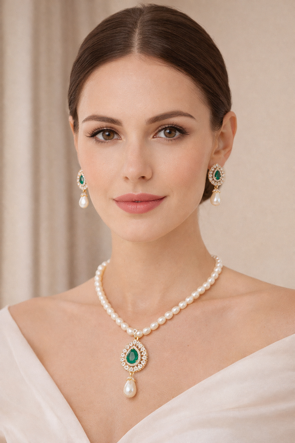 LP JEWELS-Freshwater Pearl Necklace Set with Green Teardrop Pendant
