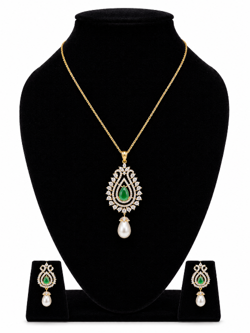Green Stone & Pearl Pendant Set Combo | B1G1 Free