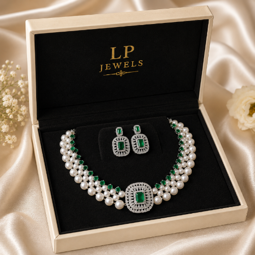 Freshwater Pearl Necklace Set with Emerald Green CZ | LP JEWELS