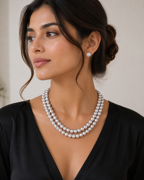 LP Jewels Light Grey Freshwater Pearl Double Layer Necklace & Stud Earrings Set