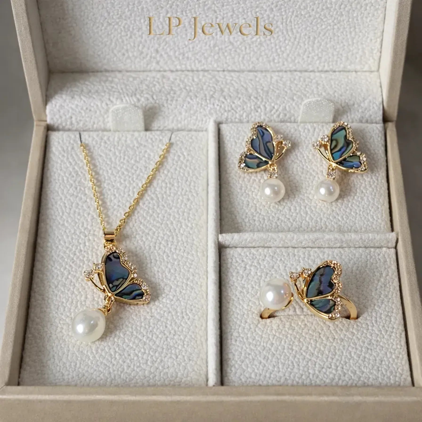 Half Butterfly Pearl Combo Set | Pendant, Earrings & Ring with Freshwater Pearl