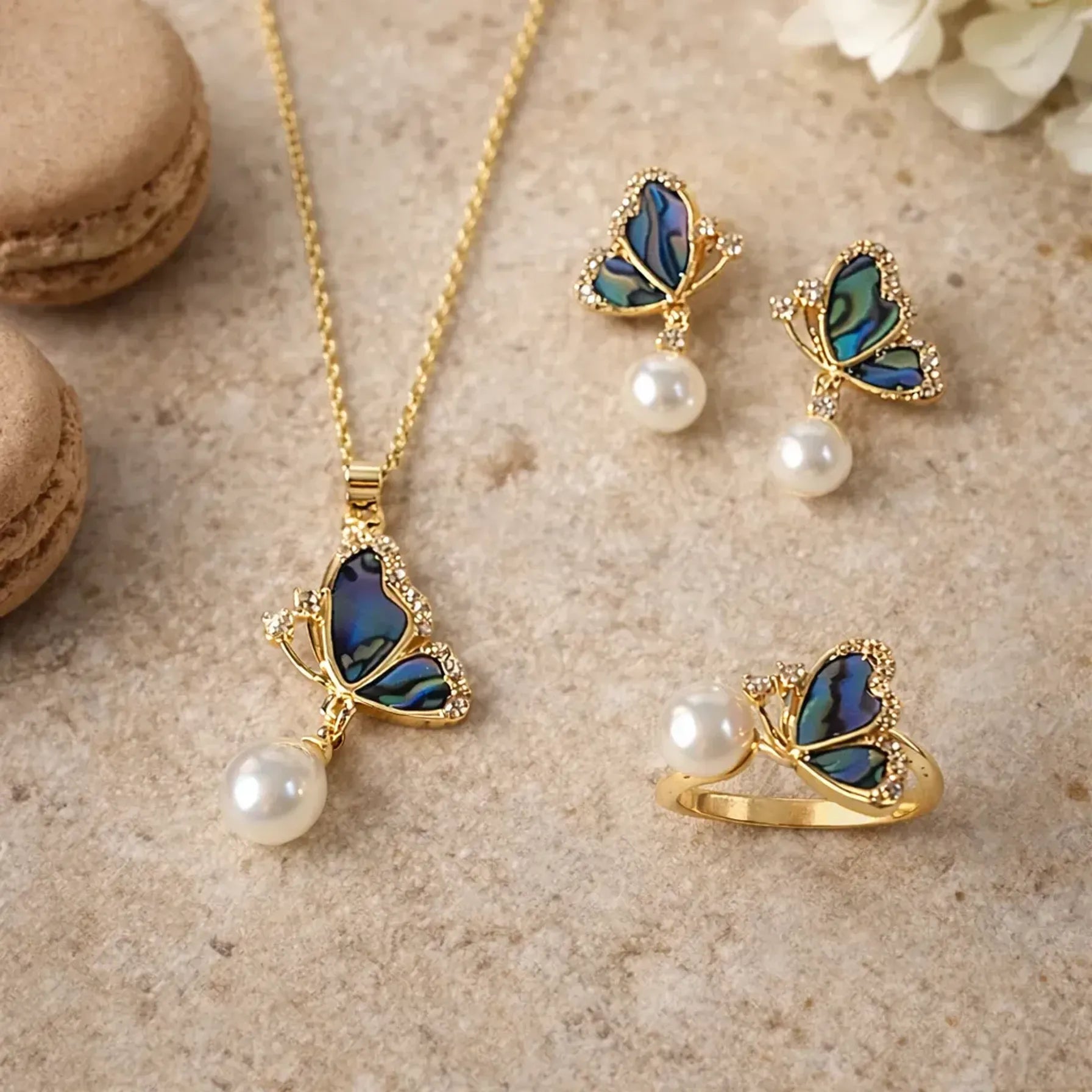 Half Butterfly Pearl Combo Set | Pendant, Earrings & Ring with Freshwater Pearl