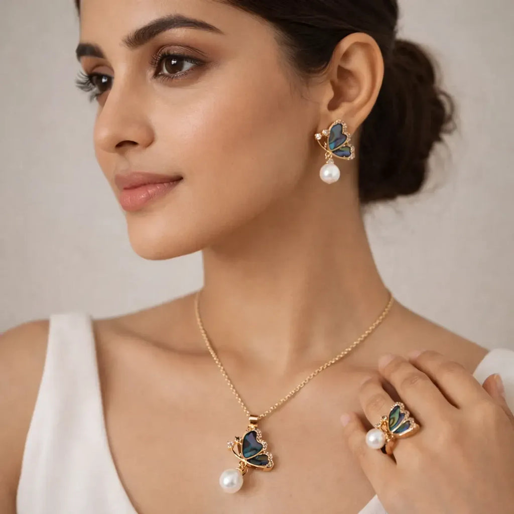 Half Butterfly Pearl Combo Set | Pendant, Earrings & Ring with Freshwater Pearl