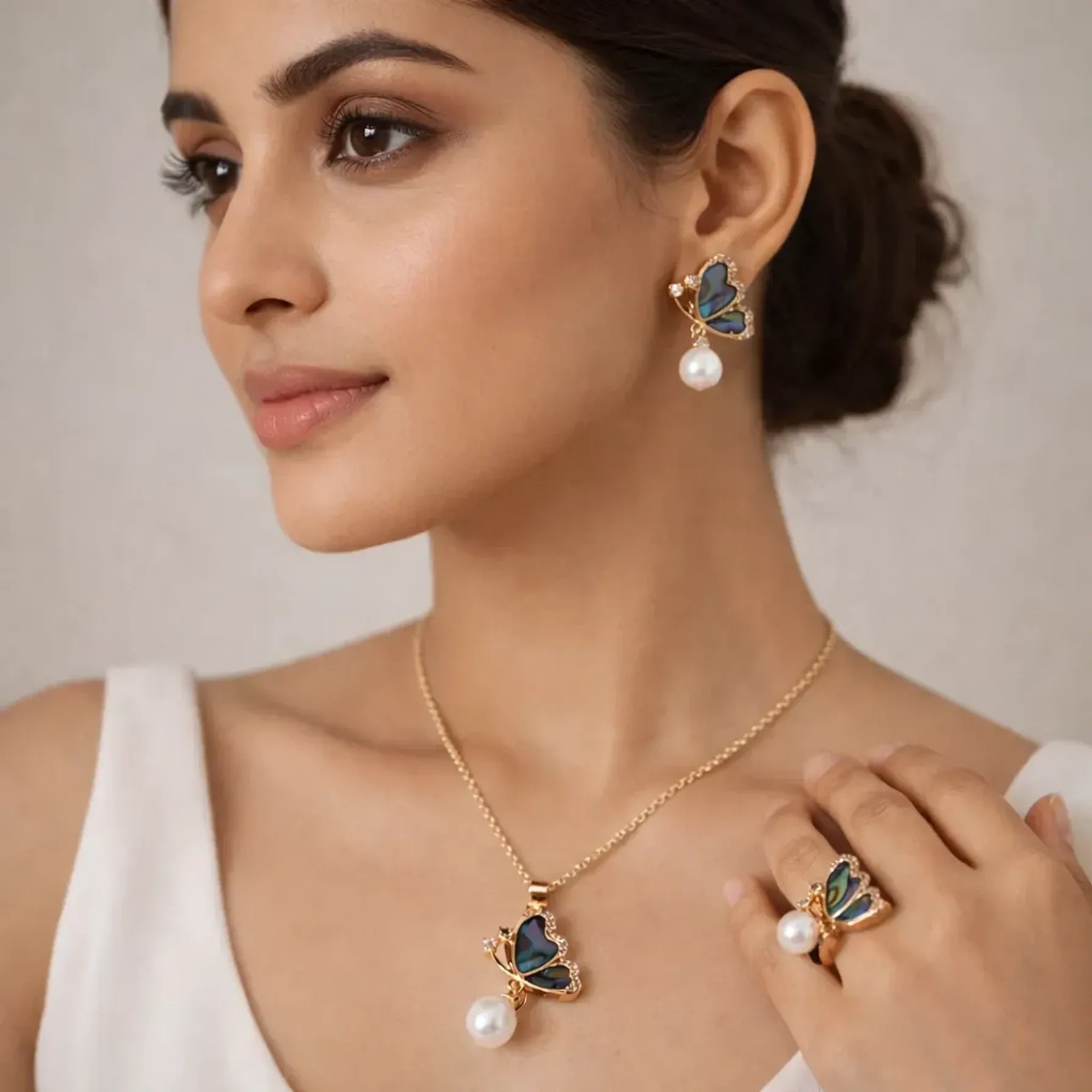 Half Butterfly Pearl Combo Set | Pendant, Earrings & Ring with Freshwater Pearl