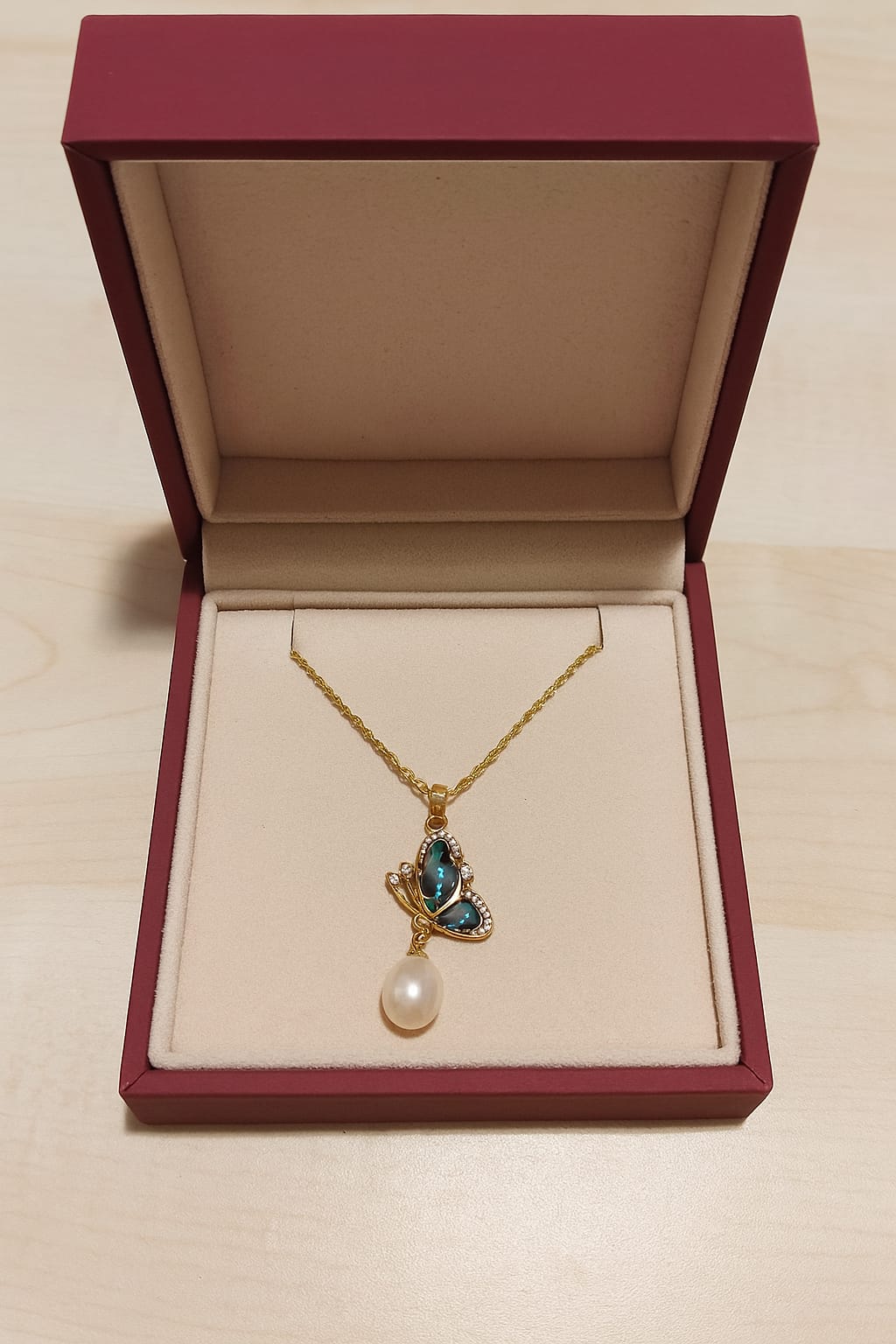 LP Jewels Green Enamel Butterfly Necklace with Pearl Drop
