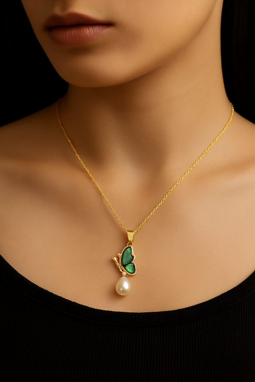 LP Jewels Green Enamel Butterfly Necklace with Pearl Drop