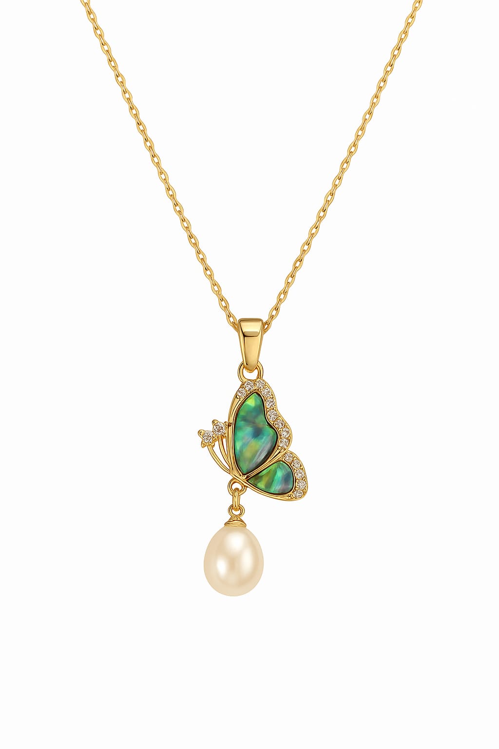 LP Jewels Green Enamel Butterfly Necklace with Pearl Drop