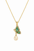 LP Jewels Green Enamel Butterfly Necklace with Pearl Drop