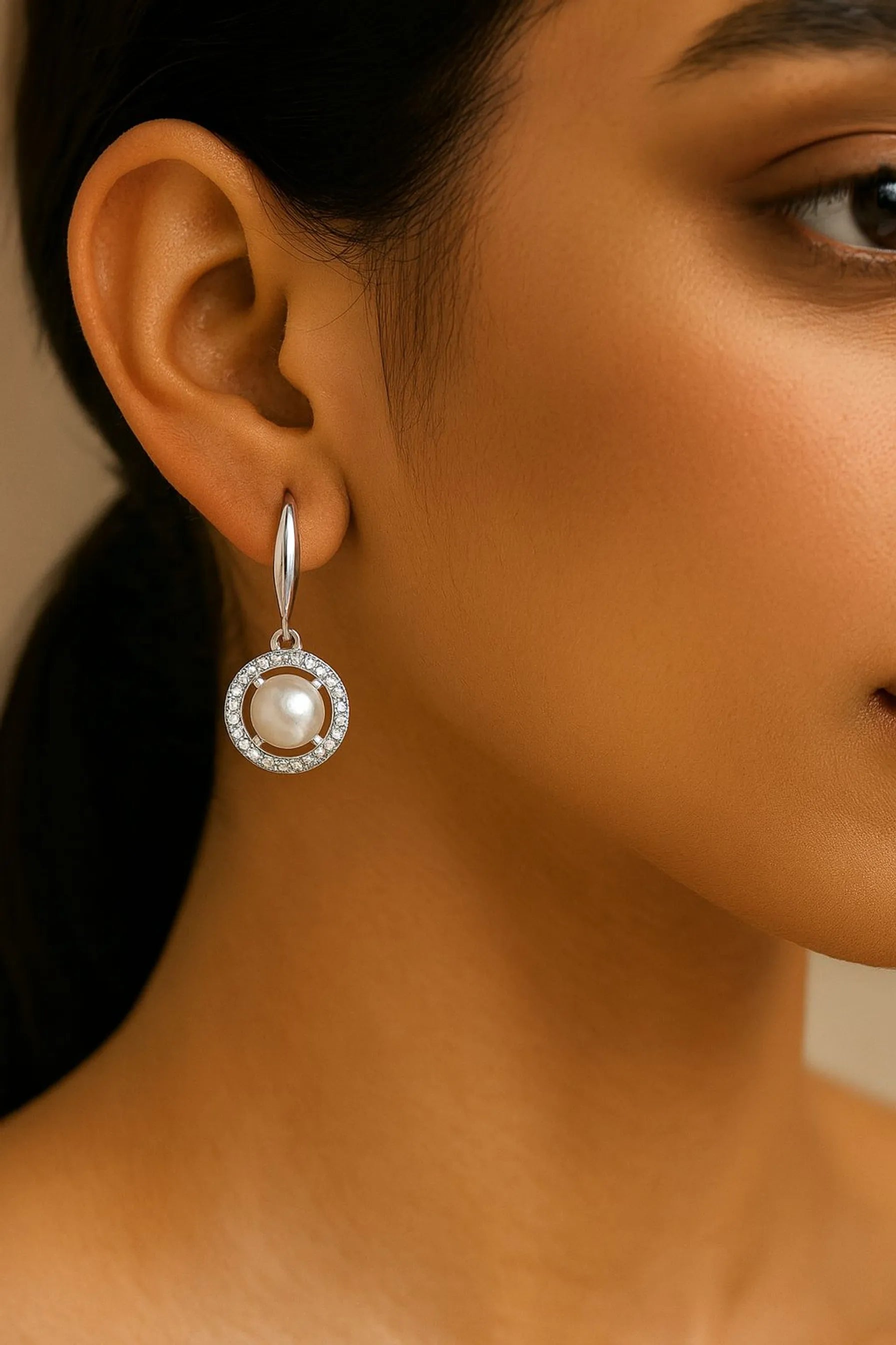 Elegant Pearl & Zirconia Halo Drop Earrings
