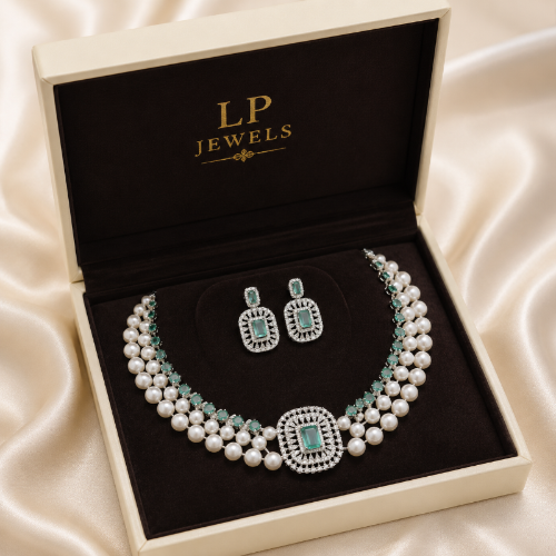 Dual Layer Freshwater Pearl Necklace Set with Green CZ | LP JEWELS