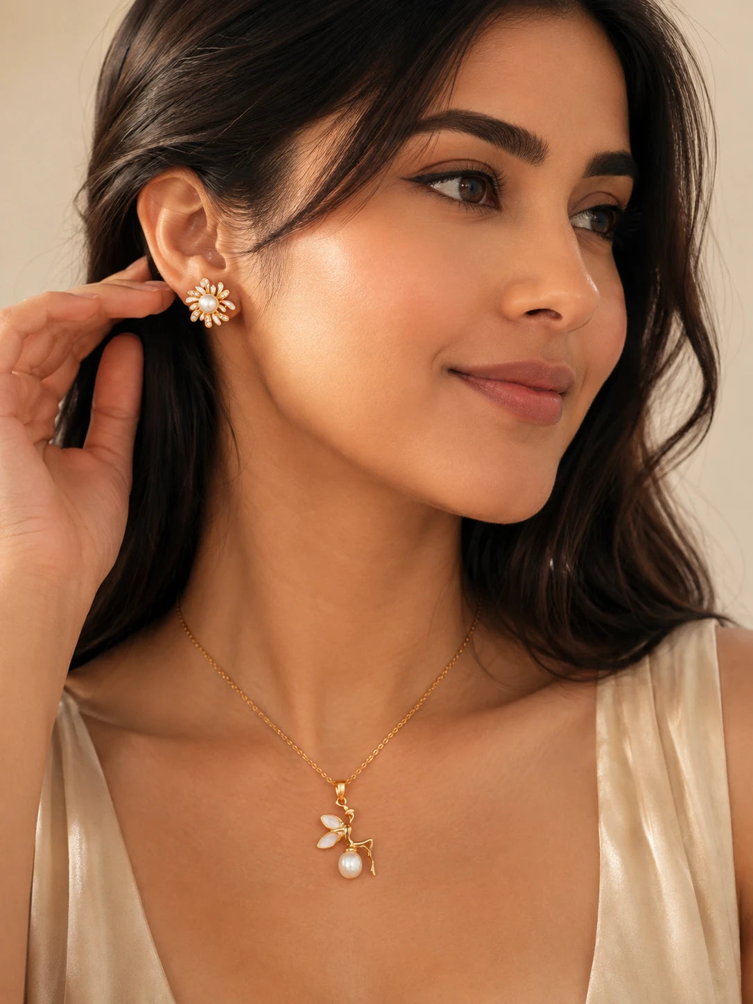 Elegant Pearl Floral Pendant & Earrings Set