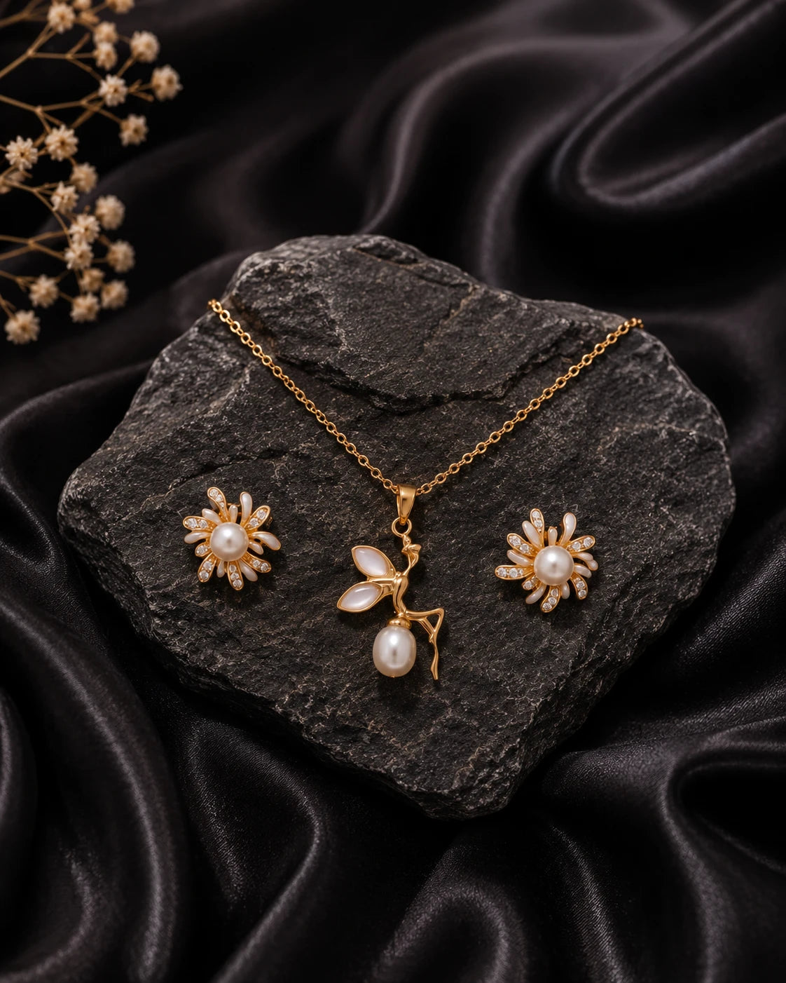 Elegant Pearl Floral Pendant & Earrings Set